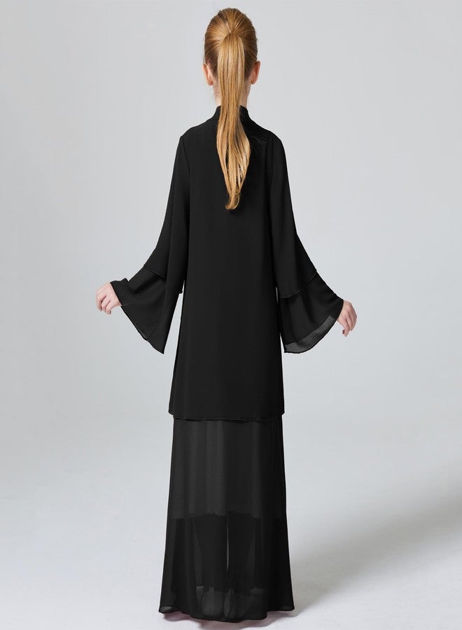 ODIZLI Muslim Chiffon Abaya for Girls Open Front Cardigan Modest Abayas Dresses Middle East Arabian Islamic Long Robe Dress for Kids Church Eid Ramadan Robe Prayer Dress For Girls Black + Hijab 11-12 Years - Image 5